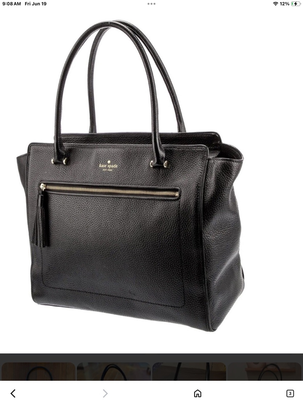 kate spade Large Black Pebbled Leather Tote with Front Zip and Tassel